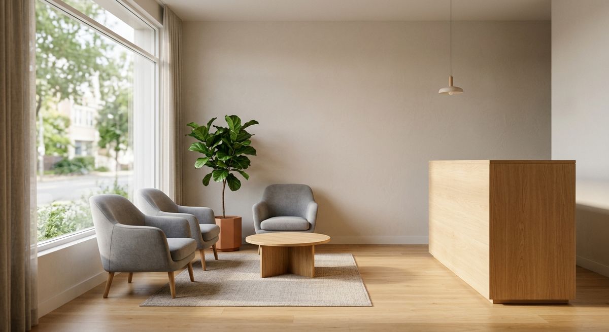 Quiet clinic waiting area with grey armchairs, a pale oak desk, and a tall window