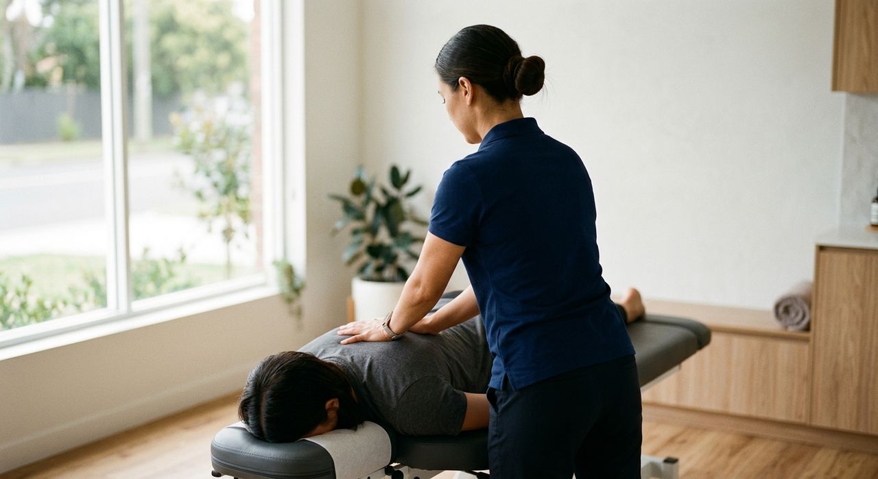 Chiropractor working on a patient's upper back on a treatment table by a sunlit window