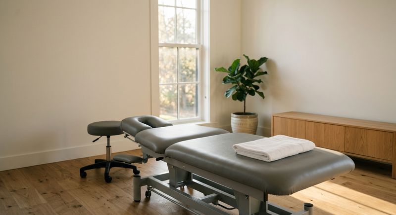 Empty treatment room with a grey adjustment table, rolling stool, and afternoon light